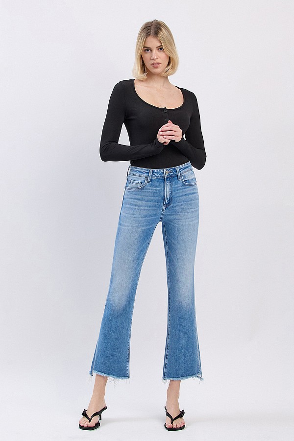 HIGH RISE SLANT RAW HEM CROP FLARE ...